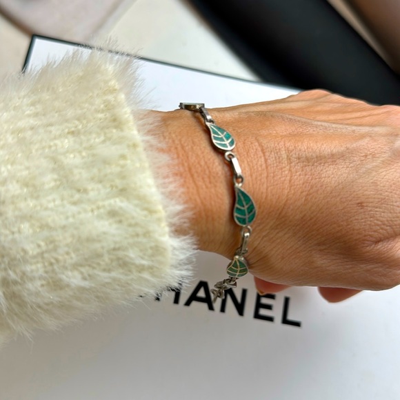 Sterling Silver Leaf Bracelet Turquoise Peru .950 stamped 8 inches Blue - Picture 1 of 7